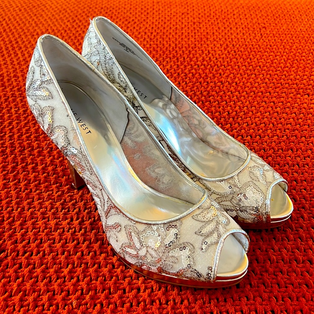 Silver Sequin Formal Peep Toe Heels